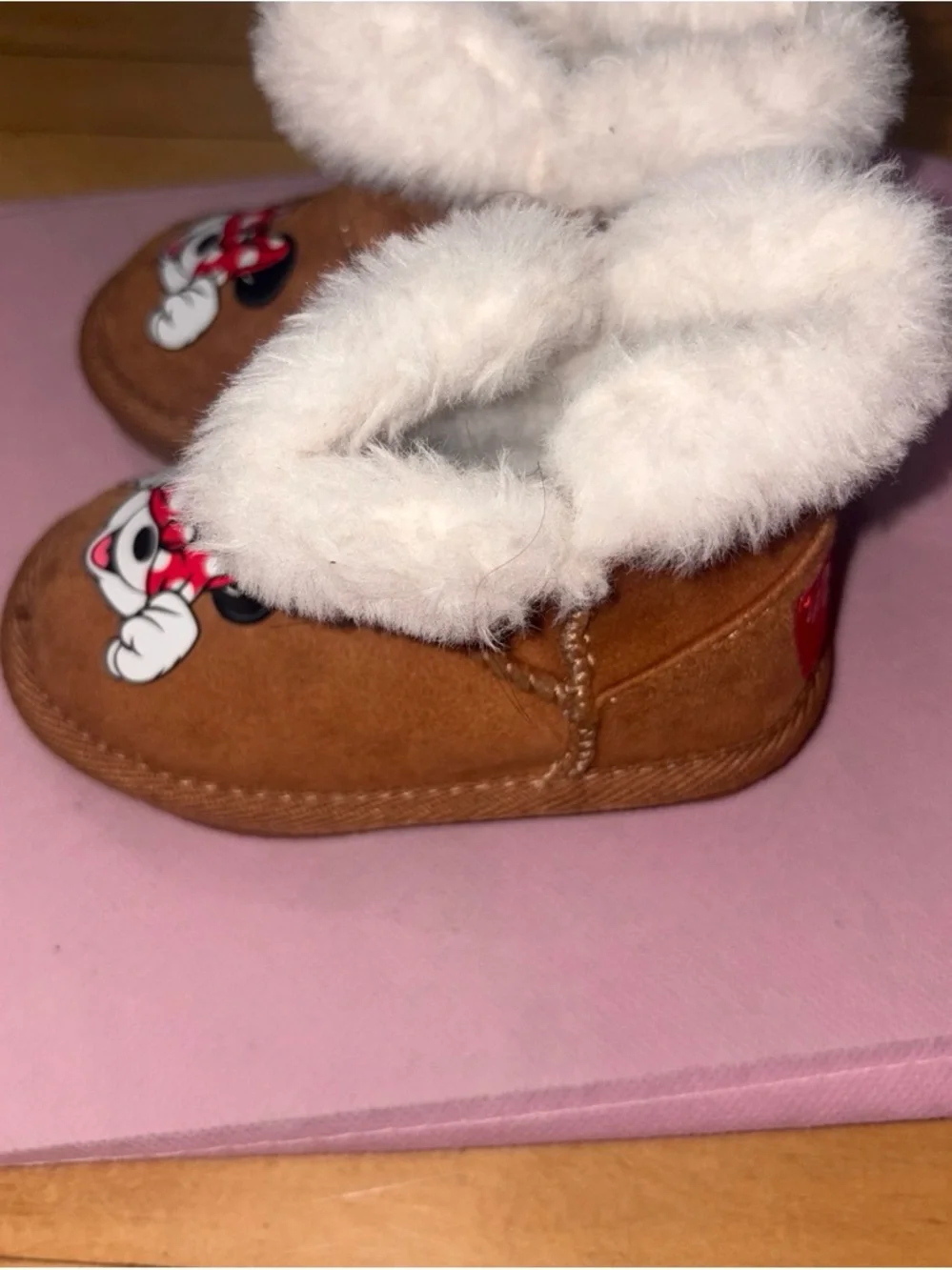 Kids Tan Shearling Boots with Red Logo